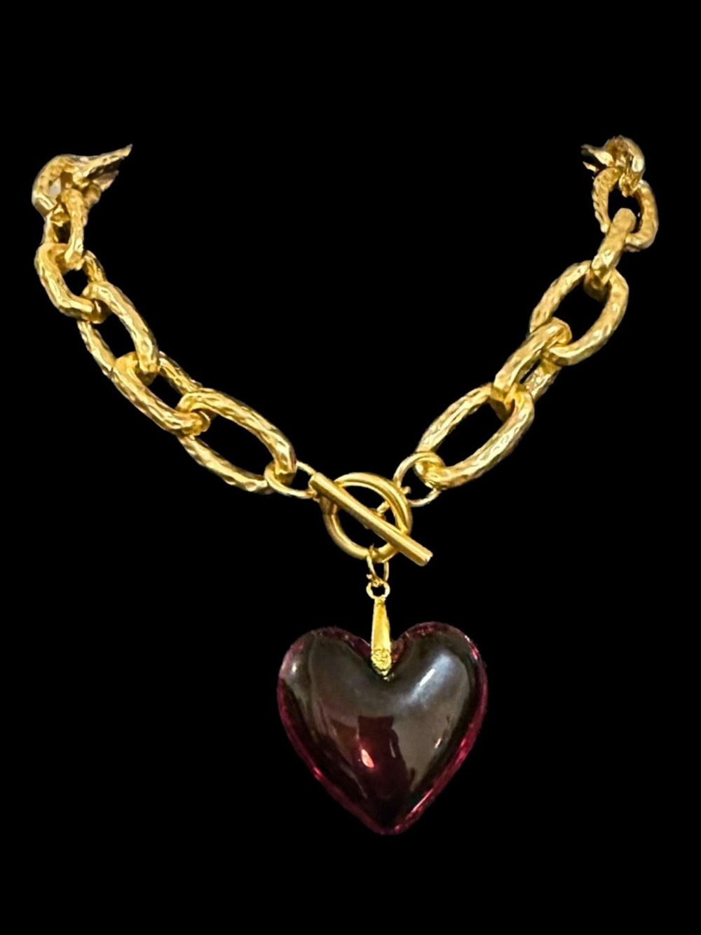 Gold Chain Necklace with Deep Pink Heart Pendant